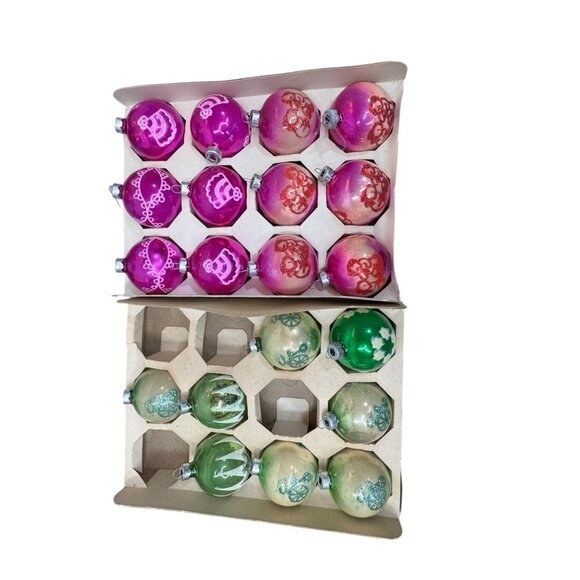 20 Vintage Glass Christmas Tree Ornaments Pink & Green Hand Glitter Shiny Brite - Picture 2 of 7